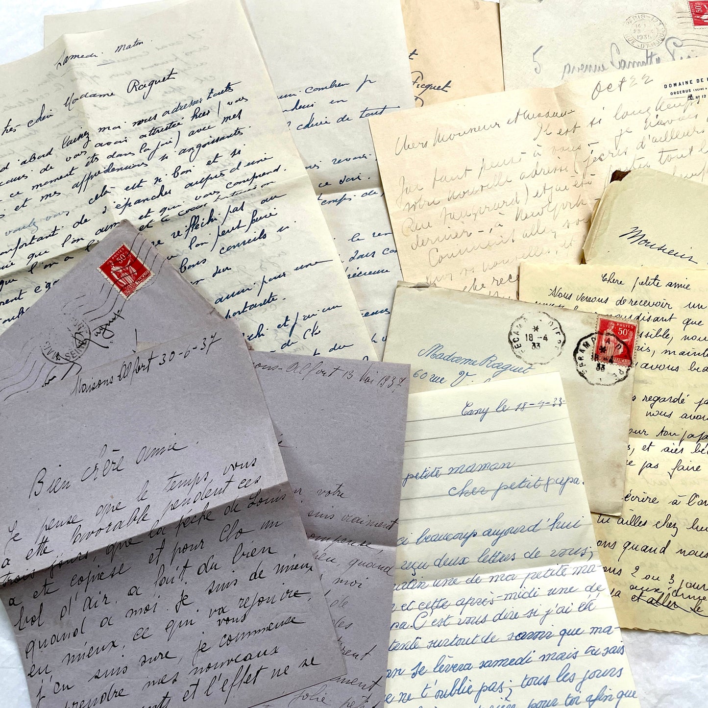 1930s French letters set - 5 antique handwritten correspondence pieces with envelopes, stamps, and postmarks.