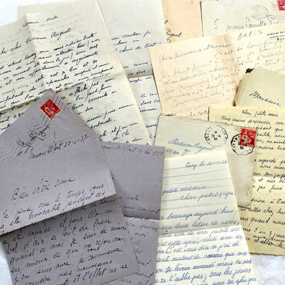 1930s French letters set - 5 antique handwritten correspondence pieces with envelopes, stamps, and postmarks.