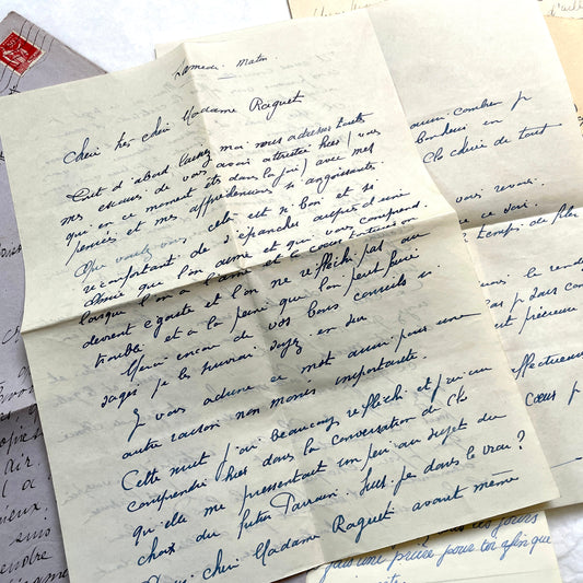 1930s French letters set - 5 antique handwritten correspondence pieces with envelopes, stamps, and postmarks.