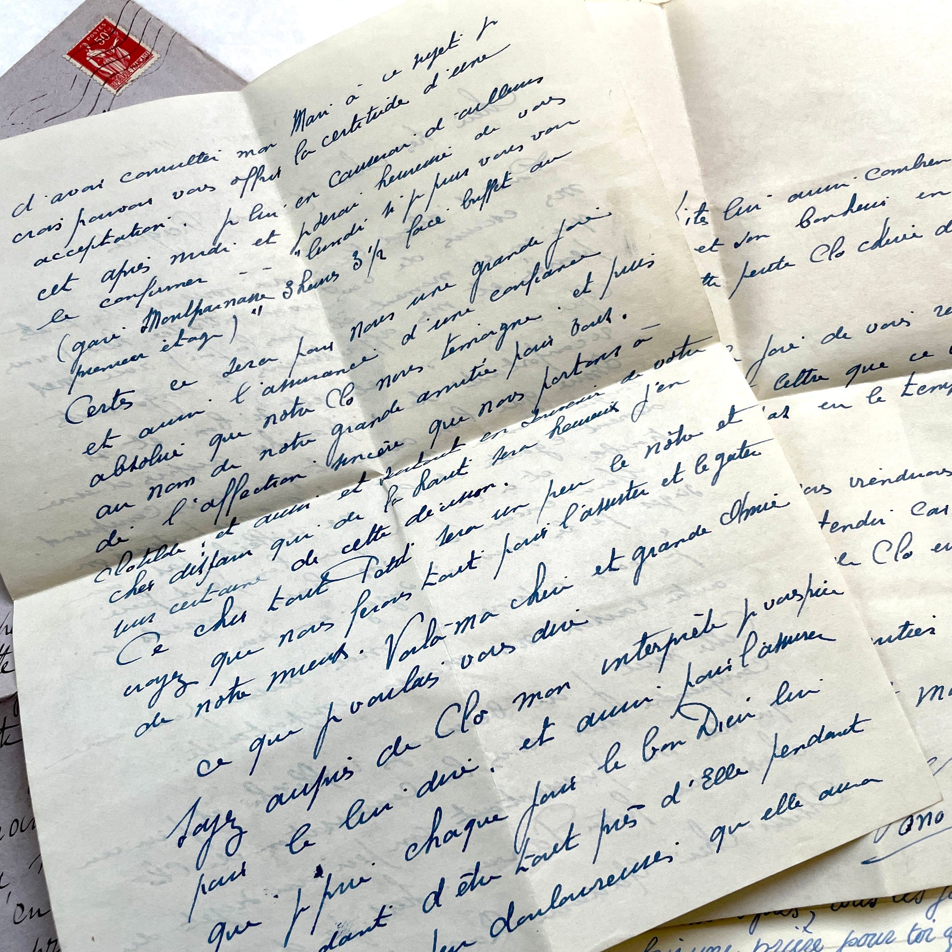 1930s French letters set - 5 antique handwritten correspondence pieces with envelopes, stamps, and postmarks.