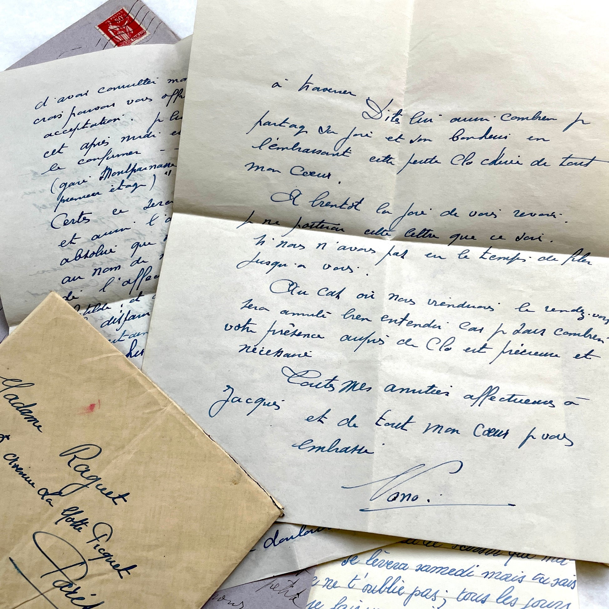 1930s French letters set - 5 antique handwritten correspondence pieces with envelopes, stamps, and postmarks.