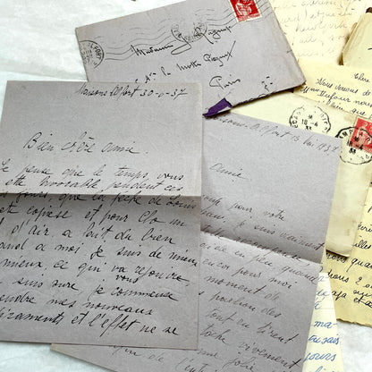 1930s French letters set - 5 antique handwritten correspondence pieces with envelopes, stamps, and postmarks.