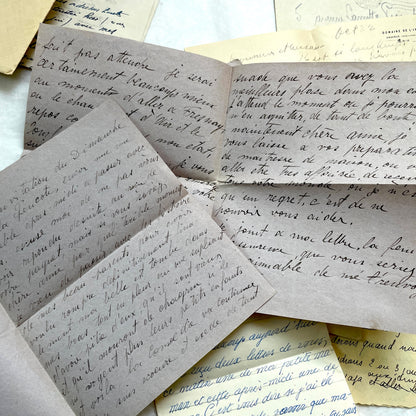 1930s French letters set - 5 antique handwritten correspondence pieces with envelopes, stamps, and postmarks.