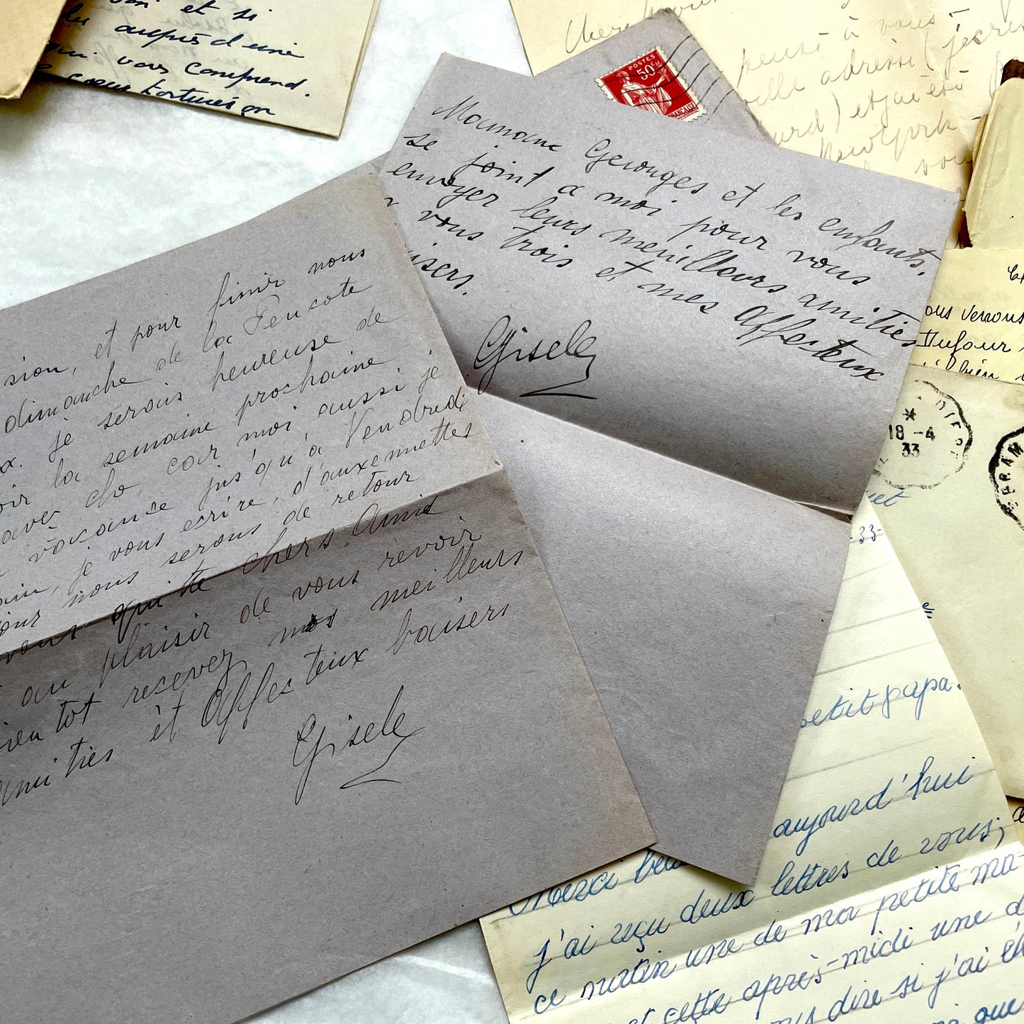1930s French letters set - 5 antique handwritten correspondence pieces with envelopes, stamps, and postmarks.