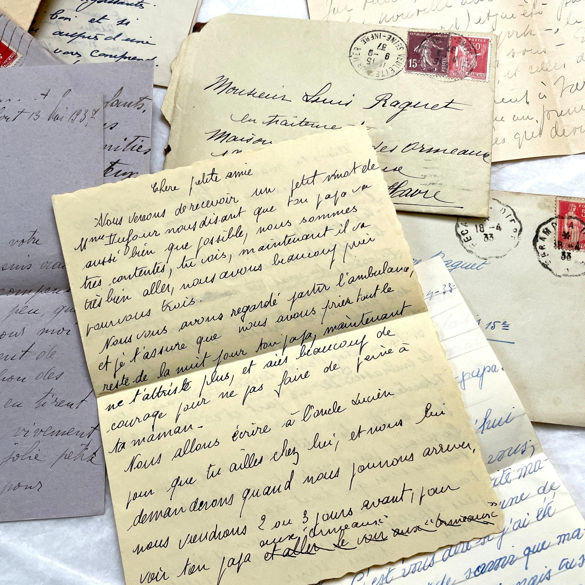 1930s French letters set - 5 antique handwritten correspondence pieces with envelopes, stamps, and postmarks.