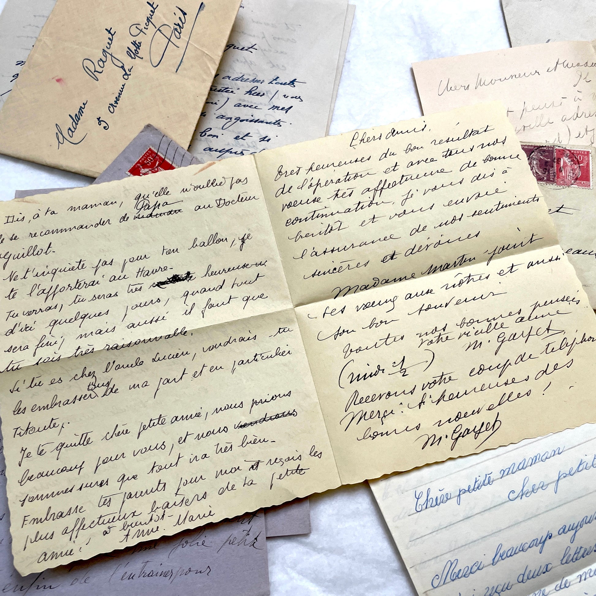 1930s French letters set - 5 antique handwritten correspondence pieces with envelopes, stamps, and postmarks.