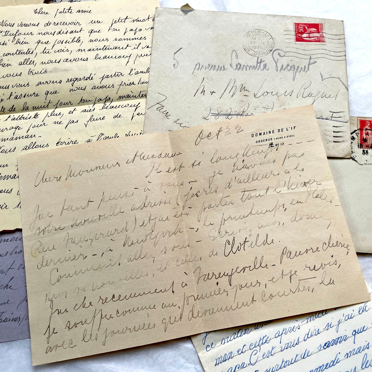 1930s French letters set - 5 antique handwritten correspondence pieces with envelopes, stamps, and postmarks.
