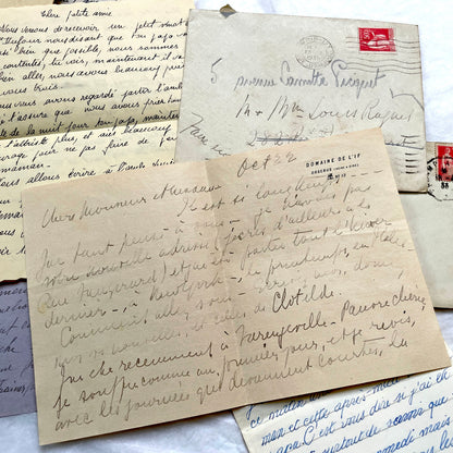 1930s French letters set - 5 antique handwritten correspondence pieces with envelopes, stamps, and postmarks.