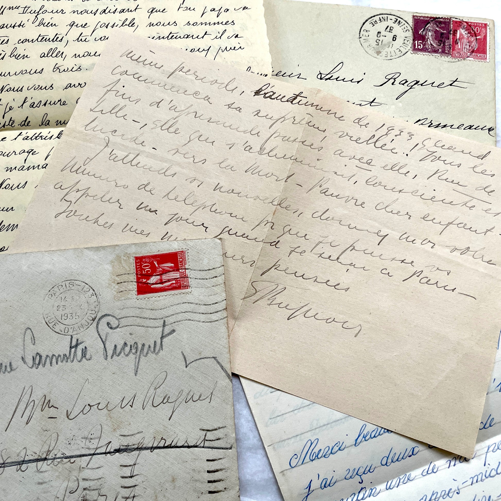 1930s French letters set - 5 antique handwritten correspondence pieces with envelopes, stamps, and postmarks.