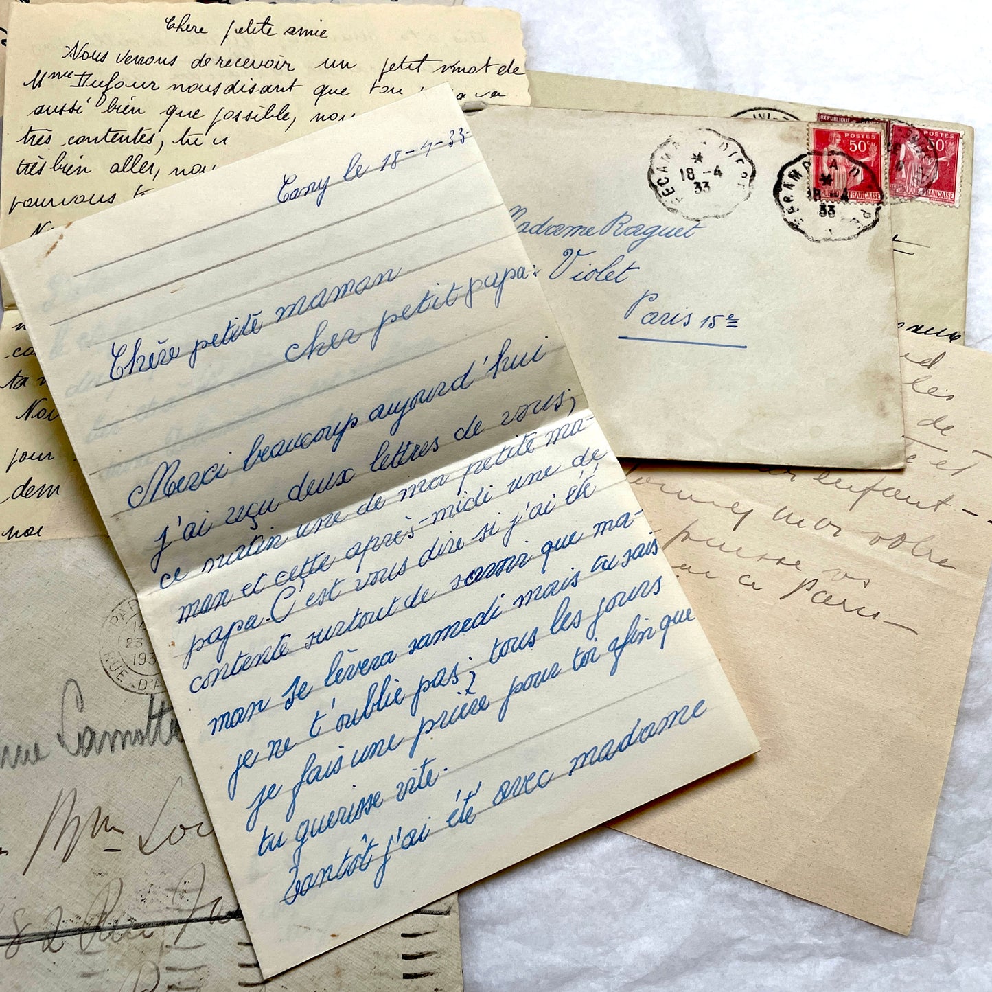 1930s French letters set - 5 antique handwritten correspondence pieces with envelopes, stamps, and postmarks.