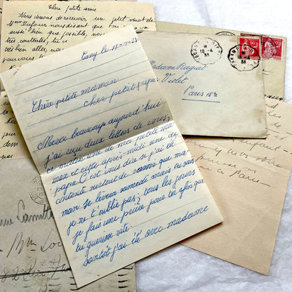 1930s French letters set - 5 antique handwritten correspondence pieces with envelopes, stamps, and postmarks.