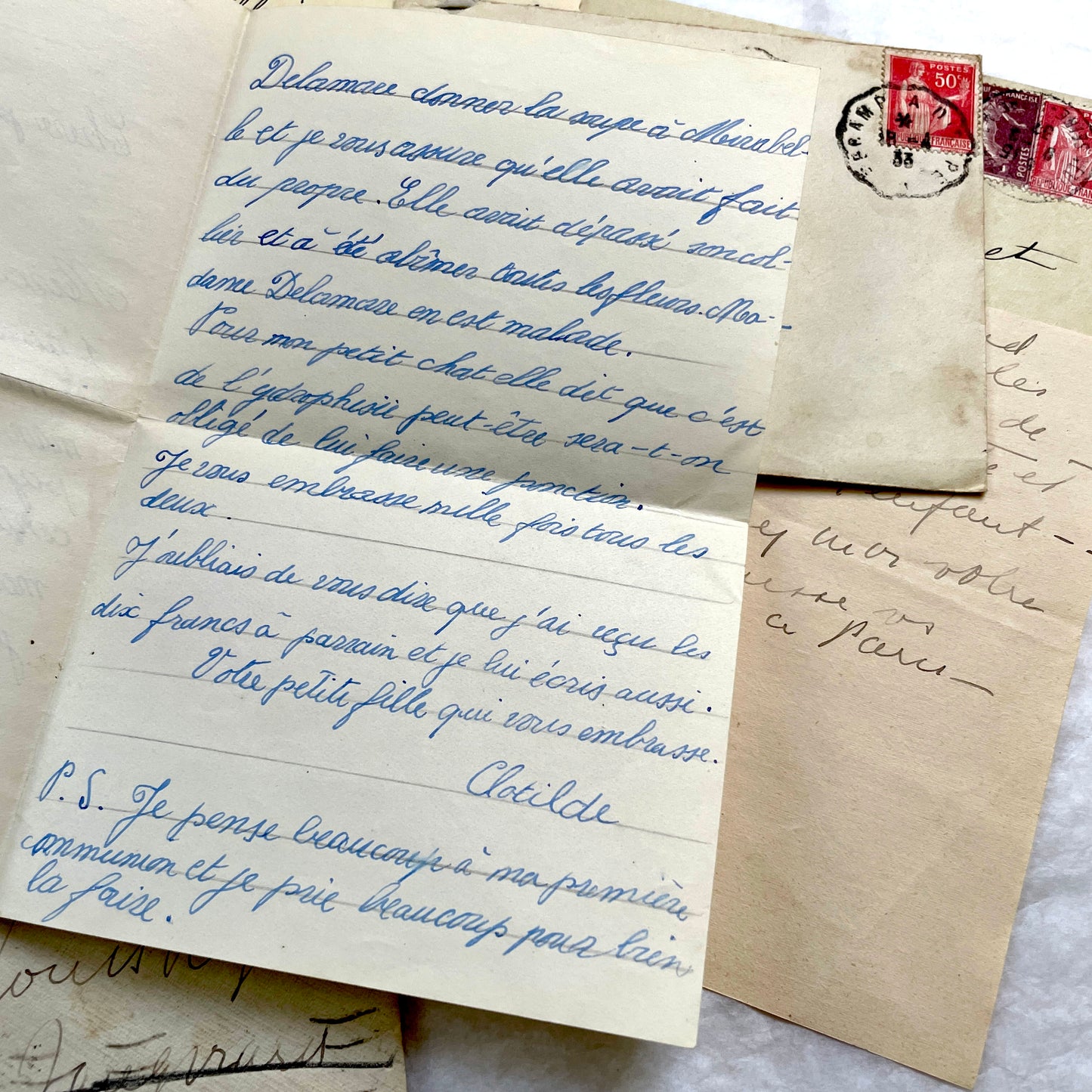 1930s French letters set - 5 antique handwritten correspondence pieces with envelopes, stamps, and postmarks.