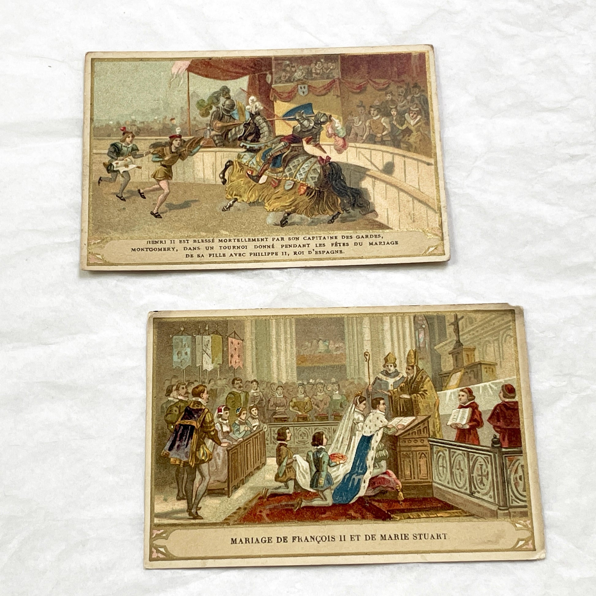 1900s - 2 French History Advertising Chromos - Henri II Fatal Joust - Francis II & Mary Stuart Wedding - Chicory Belle Jardinière Cards