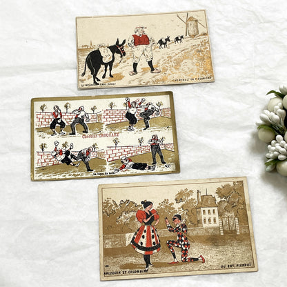 1900s - 3 Vintage French Advertising Trade Cards - Chocolat Choquart - Malt Kneipp - Gasté & Martiré - Harlequin - Miller's Riddle