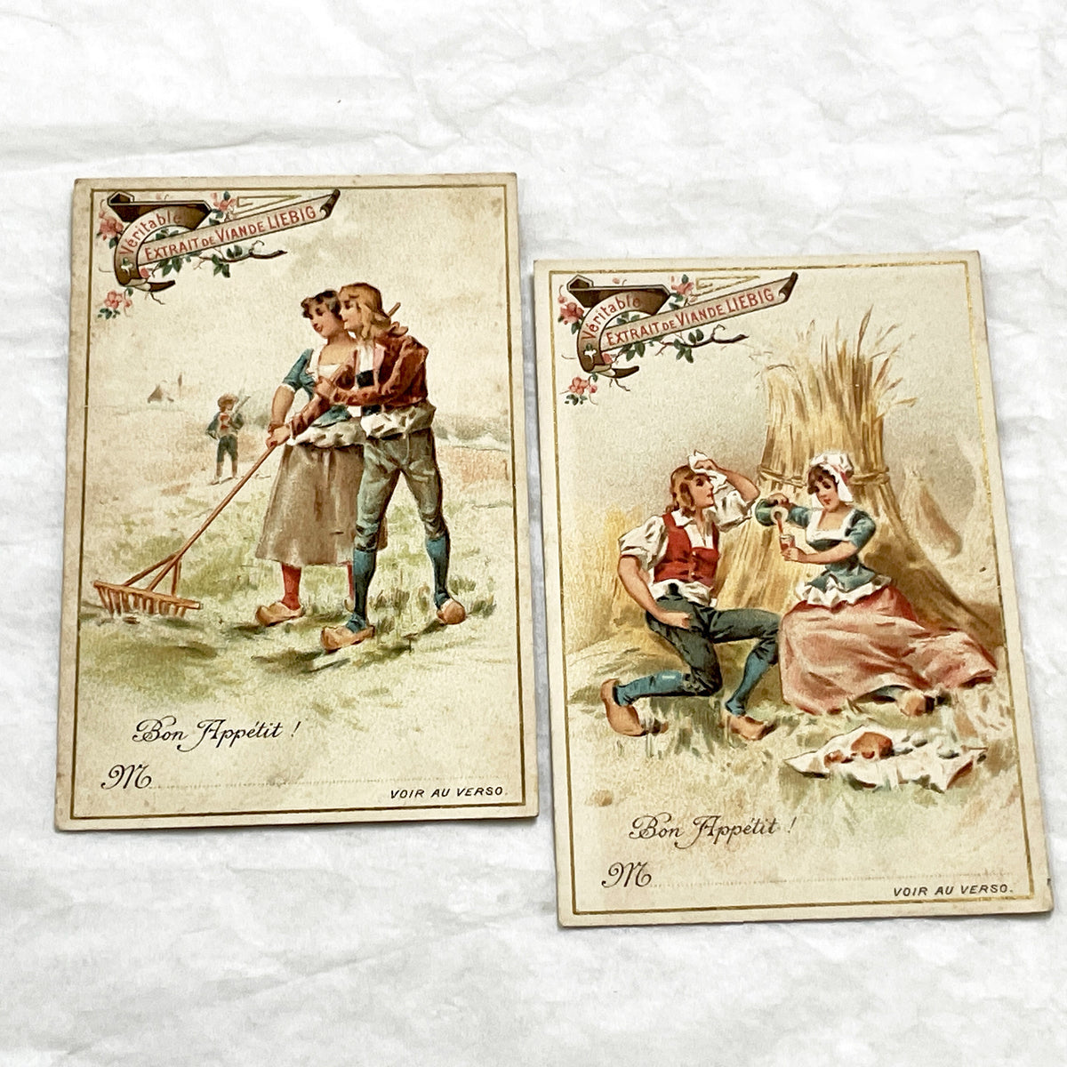 1900s - 2 Antique Liebig Meat Extract Advertising Cards - Vintage Trade Cards - French Advertising Ephemera - Rural Life Scenes