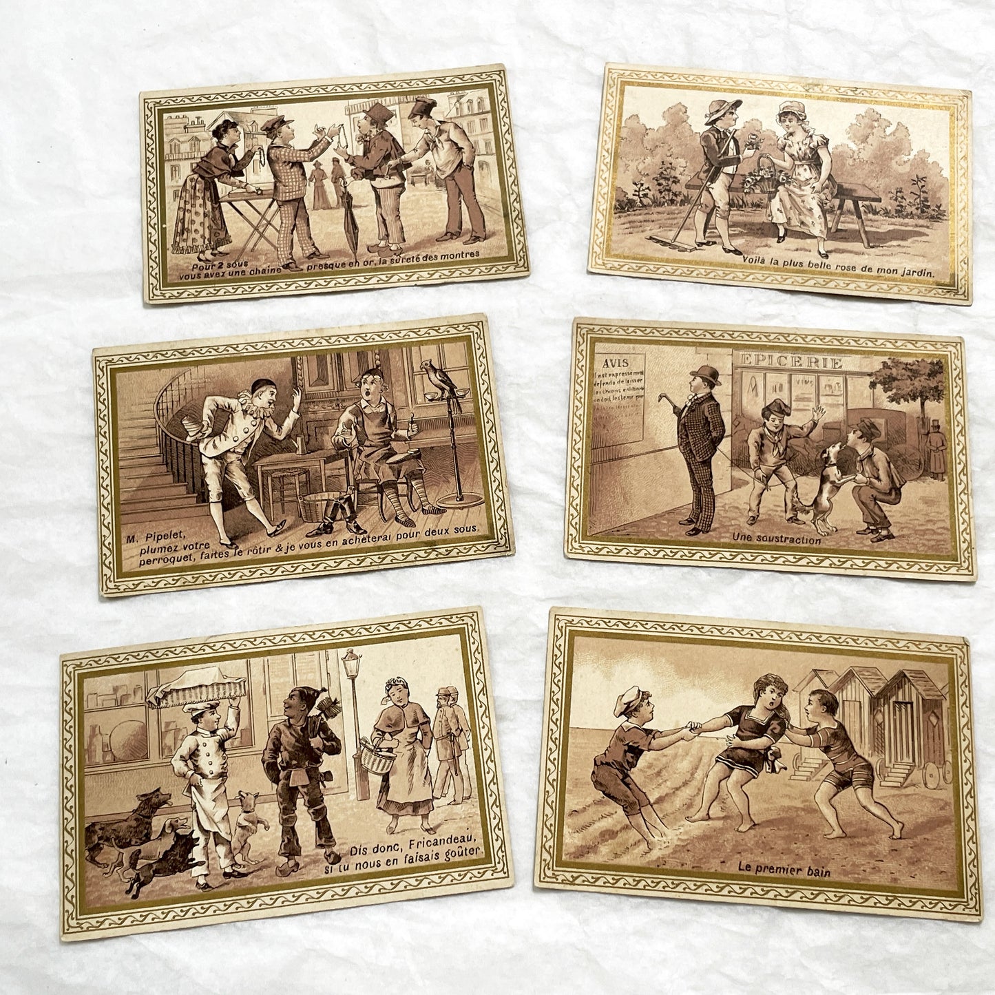 1900s - 6 French Advertising Trade Cards - Antique Ephemera with Illustrations - Charles Thibault Chemiserie - Historical Humorous Scenes