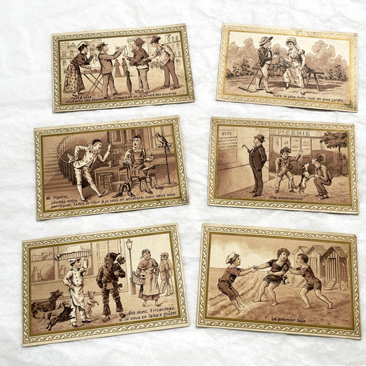 1900s - 6 French Advertising Trade Cards - Antique Ephemera with Illustrations - Charles Thibault Chemiserie - Historical Humorous Scenes