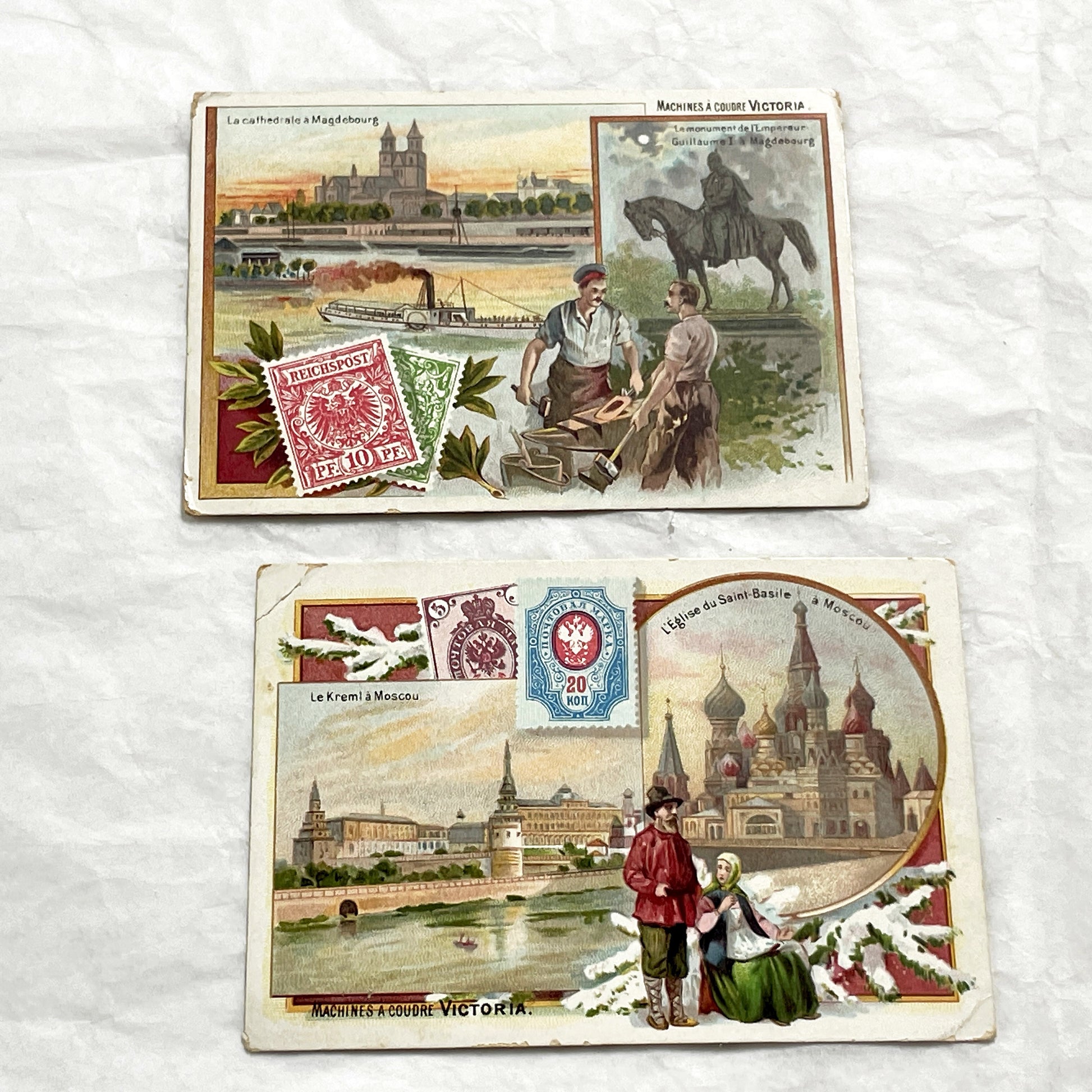 1900s - 2 Victoria Sewing Machine Advertising Chromos - German Magdeburg - Russian Moscow Views - Historic European Landmark Collectibles