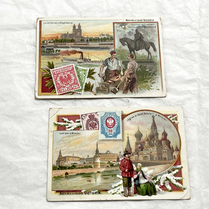 1900s - 2 Victoria Sewing Machine Advertising Chromos - German Magdeburg - Russian Moscow Views - Historic European Landmark Collectibles
