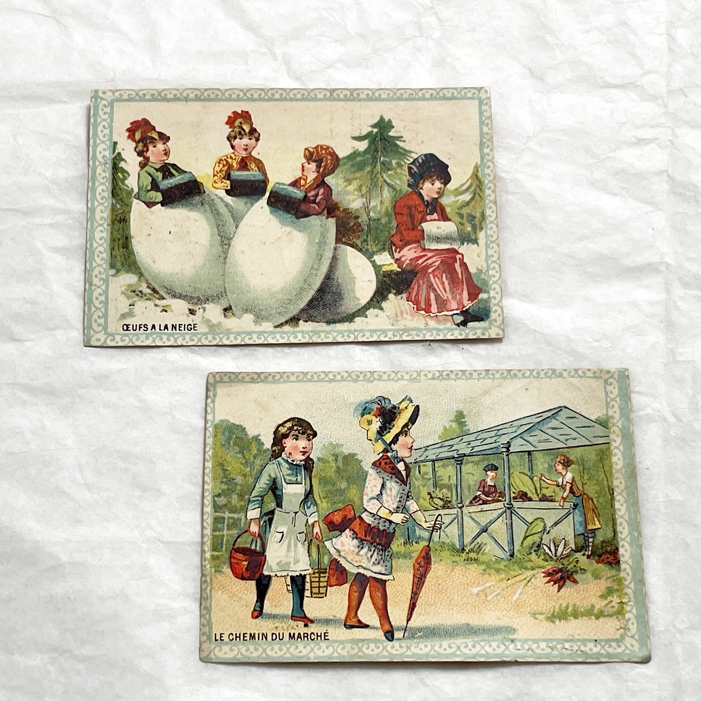 1900s - 2 Antique French Chromo Cards - Children Scenes - Collectible Illustrated Trade Cards - Victorian Edwardian Era