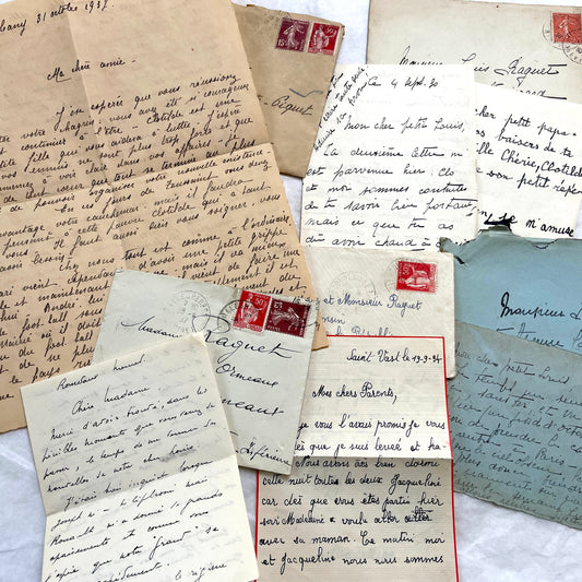 1930s French handwritten letter set with original envelopes and vintage stamps. Historical ephemera collection.