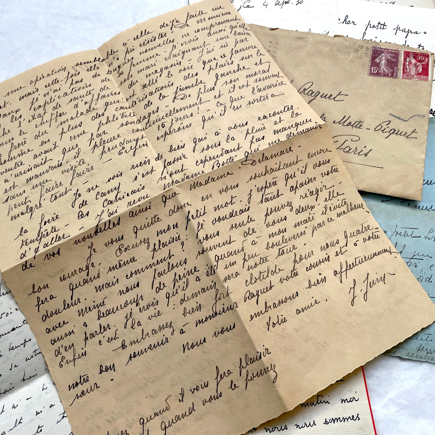 1930s French handwritten letter set with original envelopes and vintage stamps. Historical ephemera collection.