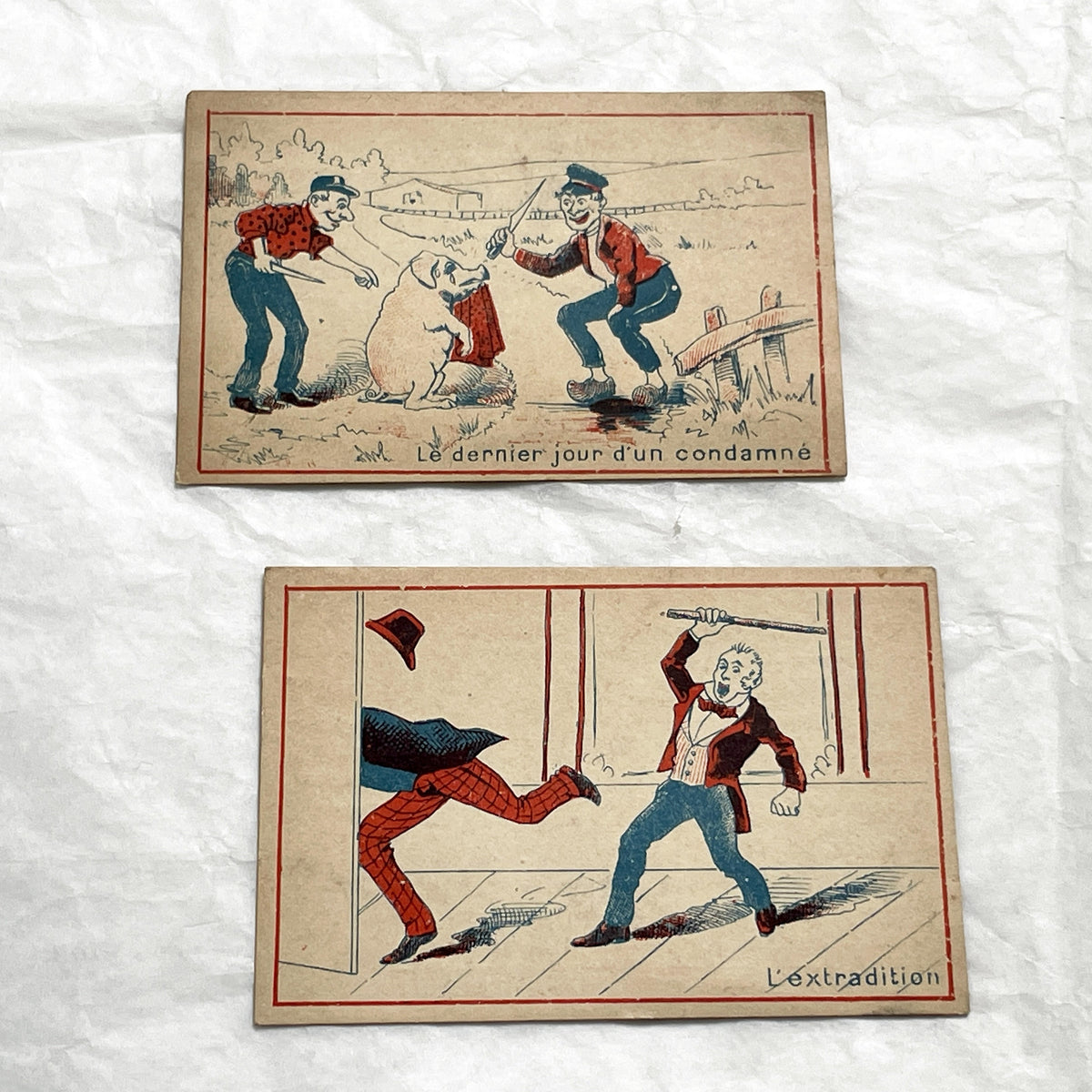 1910s - 2 French Advertising Chromo Cards - Humorous Illustrated Set - Vintage European Trade Collectibles -  Ephemera - Antique Art