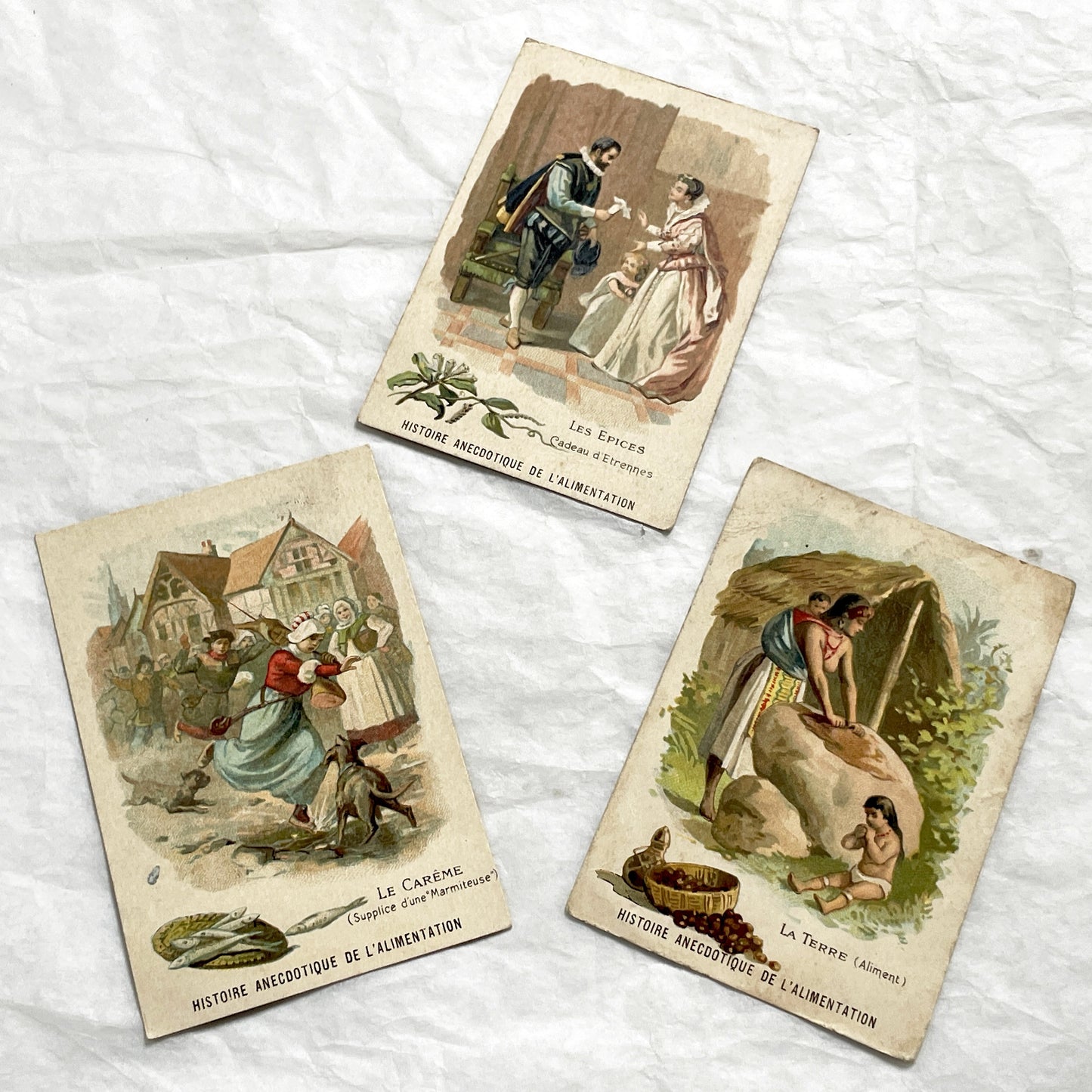 Late 19th - 3 Antique French Educational Chromo Cards - Anecdotal Food History Series - Cultural Vintage Ephemera Collectible Set