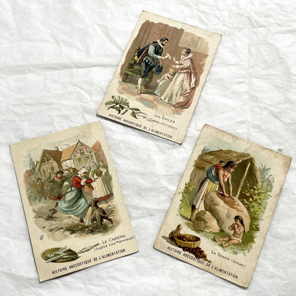 Late 19th - 3 Antique French Educational Chromo Cards - Anecdotal Food History Series - Cultural Vintage Ephemera Collectible Set