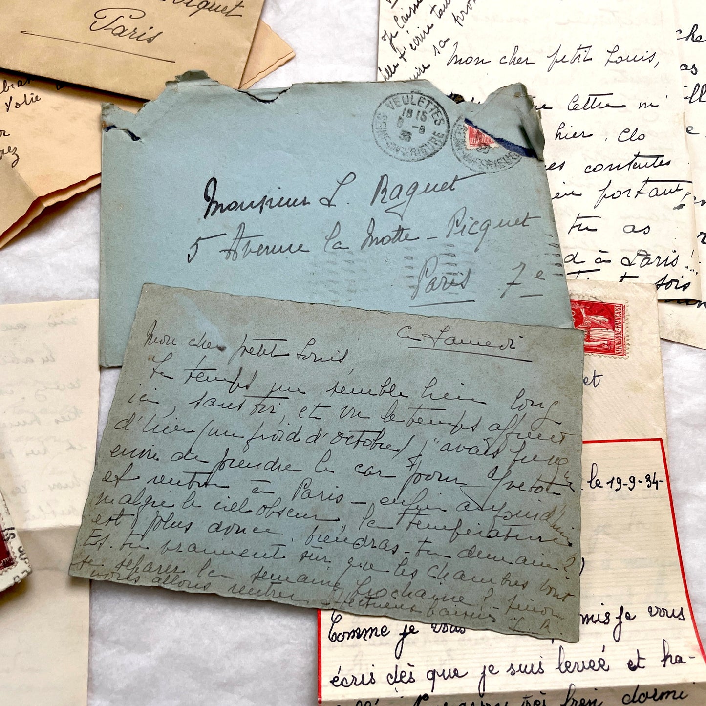 1930s French handwritten letter set with original envelopes and vintage stamps. Historical ephemera collection.