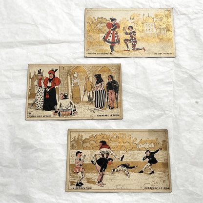1900s - 3 Antique French Advertising Trade Cards - Commedia dell'Arte - Humorous Scenes - French Grocer & Malt Kneipp Advertisements