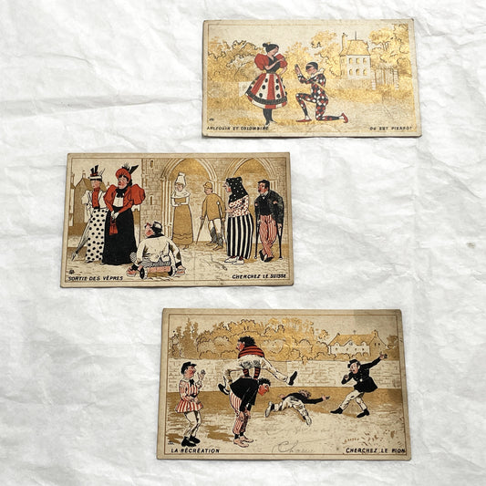 1900s - 3 Antique French Advertising Trade Cards - Commedia dell'Arte - Humorous Scenes - French Grocer & Malt Kneipp Advertisements