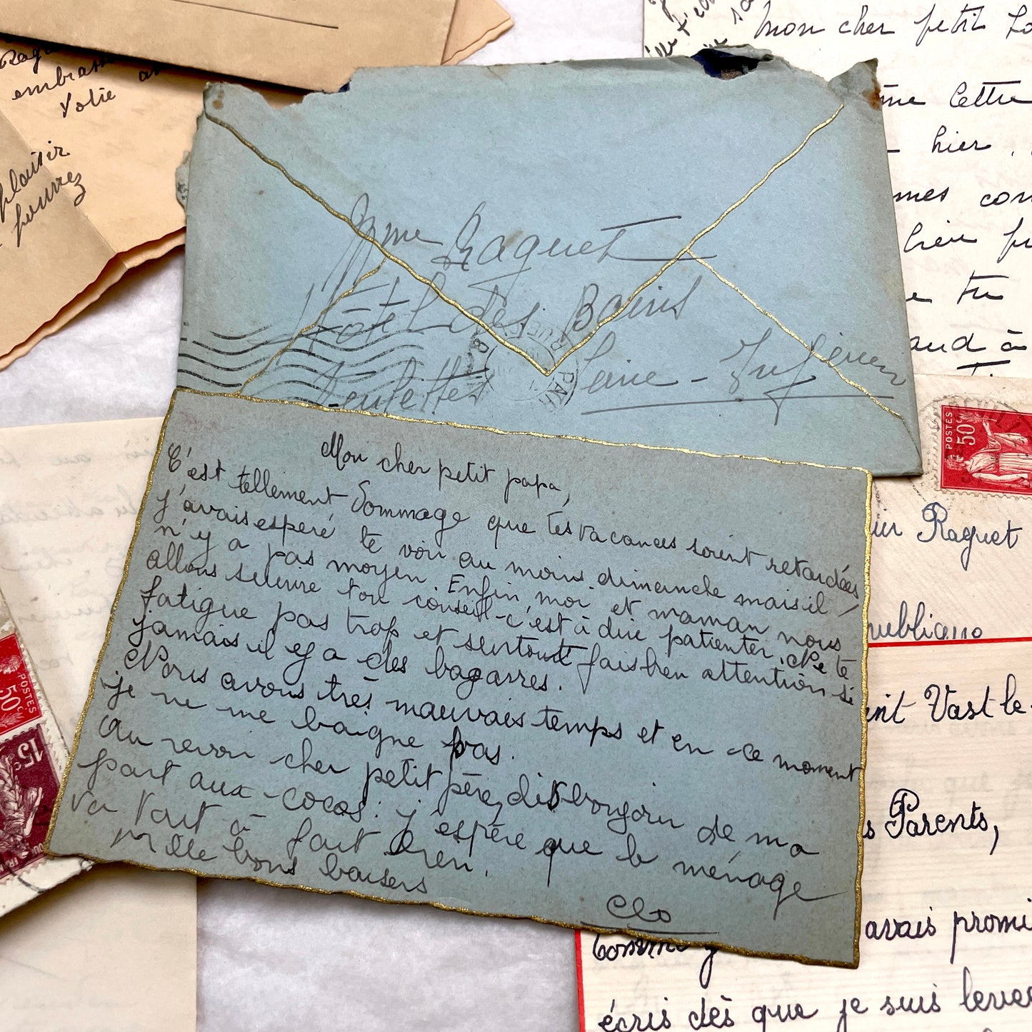 1930s French handwritten letter set with original envelopes and vintage stamps. Historical ephemera collection.