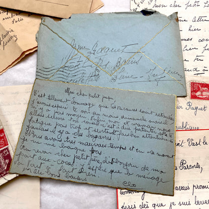 1930s French handwritten letter set with original envelopes and vintage stamps. Historical ephemera collection.