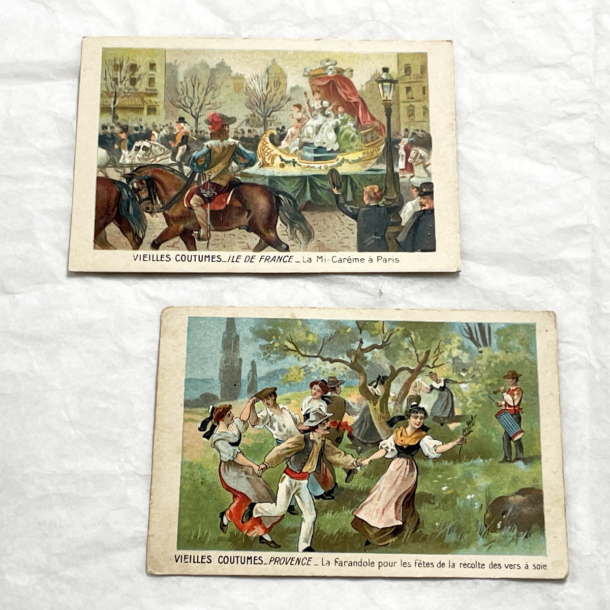 1900s - 2 French Traditional Customs Chromos - Vintage Paris Mid-Lent Procession and Provence Silkworm Harvest Farandole Dance Cards