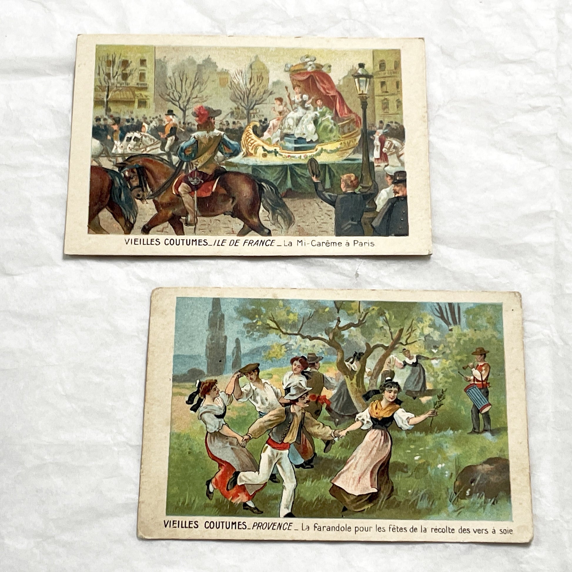 1900s - 2 French Traditional Customs Chromos - Vintage Paris Mid-Lent Procession and Provence Silkworm Harvest Farandole Dance Cards
