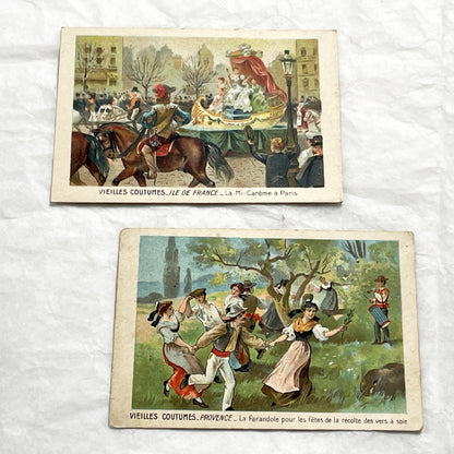 1900s - 2 French Traditional Customs Chromos - Vintage Paris Mid-Lent Procession and Provence Silkworm Harvest Farandole Dance Cards