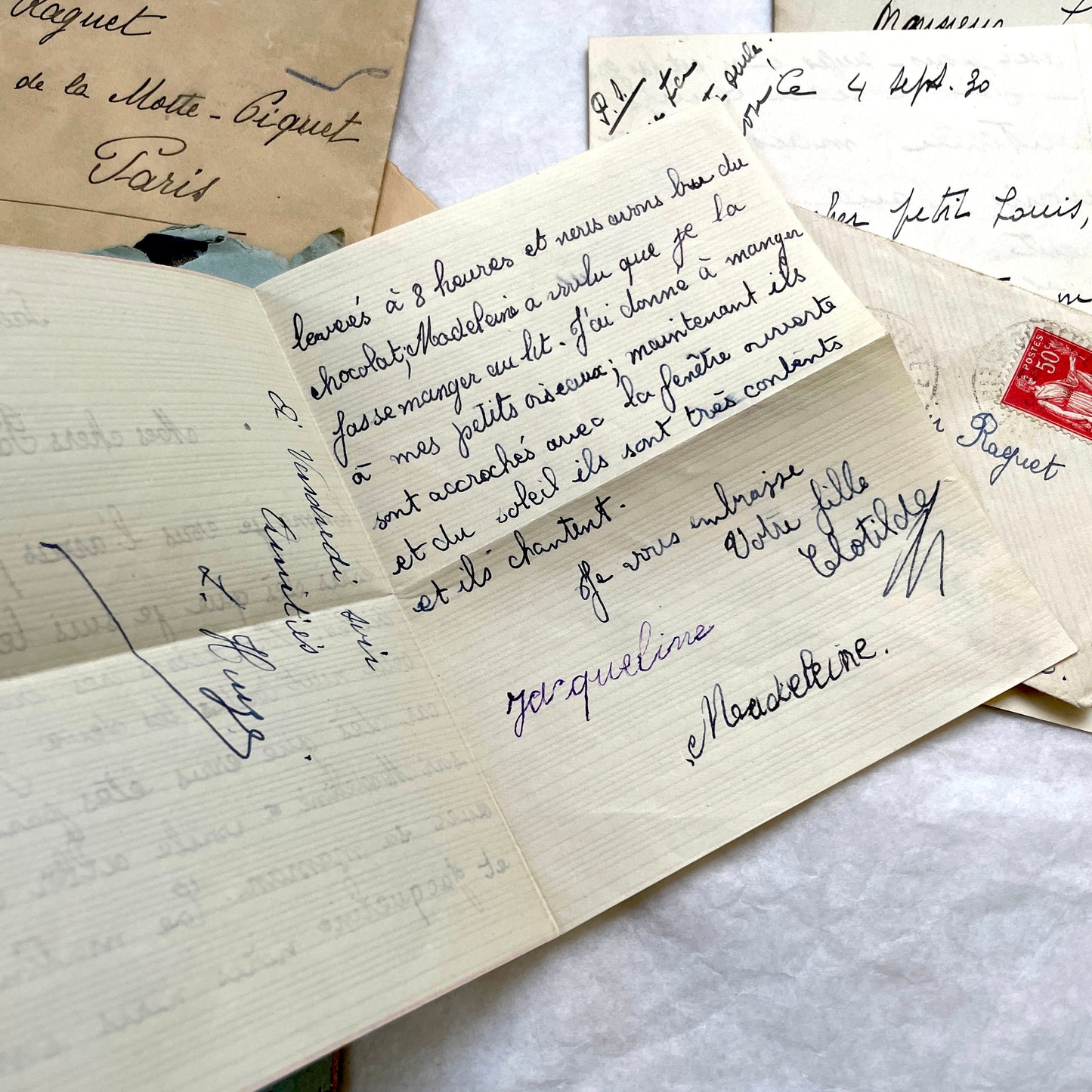 1930s French handwritten letter set with original envelopes and vintage stamps. Historical ephemera collection.