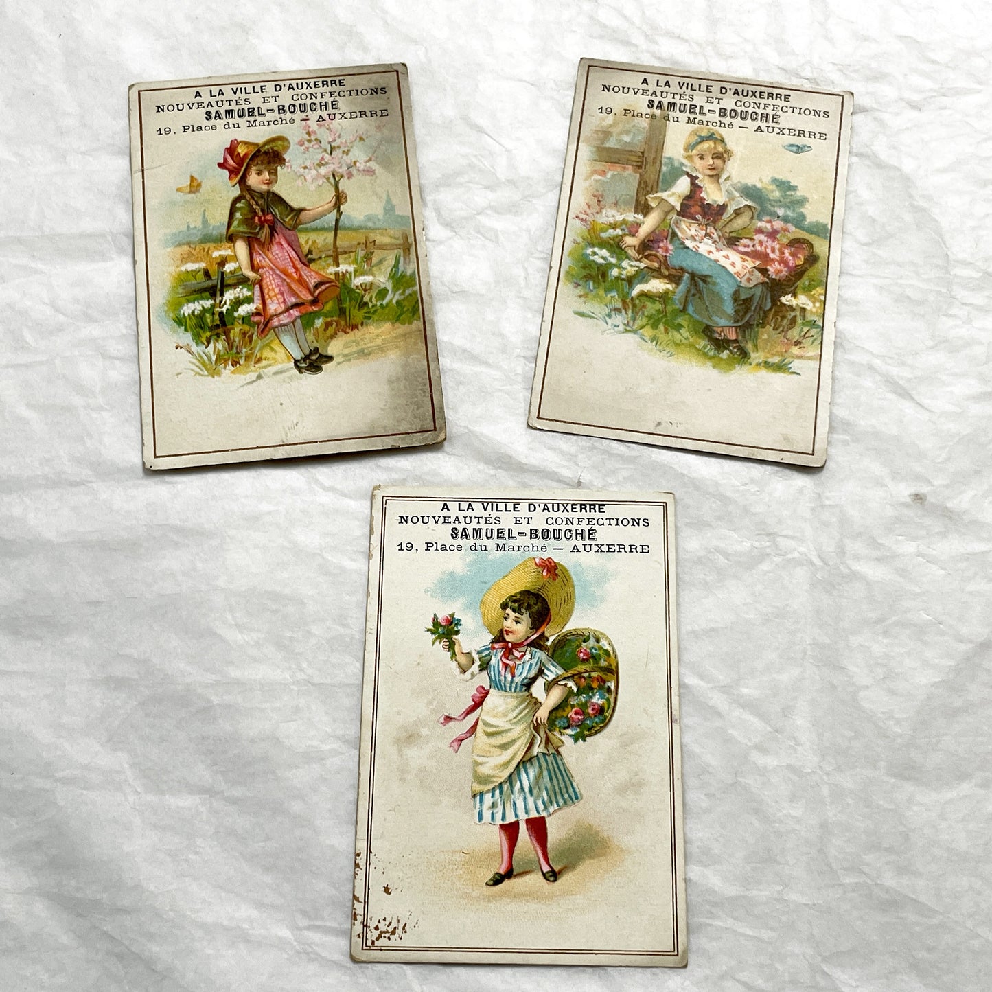 Late 19th -3 French Trade Cards - Samuel-Bouché Auxerre - Vintage Advertising Ephemera - Children Illustrations - Fashion Store Promo