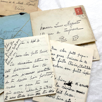 1930s French handwritten letter set with original envelopes and vintage stamps. Historical ephemera collection.