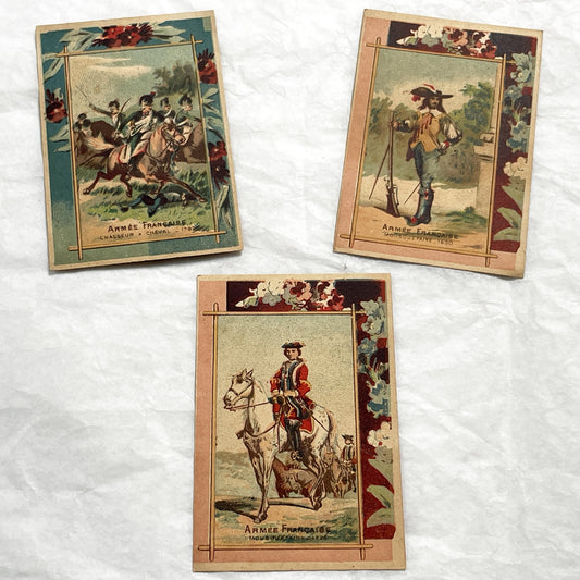 1900s - 3 Vintage French Military Chromo Cards - Advertising Chicory Collectibles - Antique European Historical Army Ephemera Set