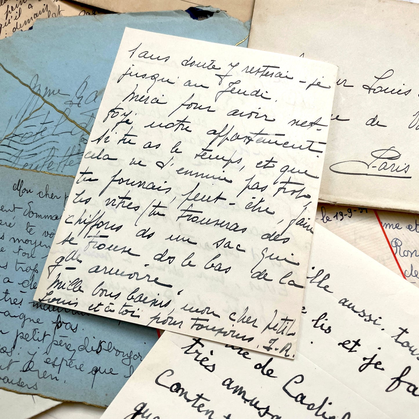 1930s French handwritten letter set with original envelopes and vintage stamps. Historical ephemera collection.