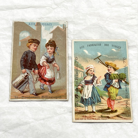 Late 19th - 2 Parisian Advertising Trade Cards - Vintage French Ephemera - Children Illustrations - Antique Store Promo - Paris Shopping
