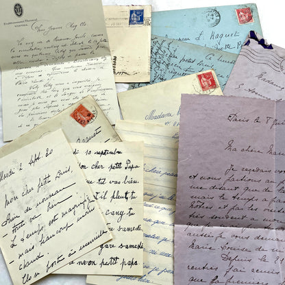 1930s French handwritten letters and envelopes set, featuring vintage stamps and elegant cursive script.