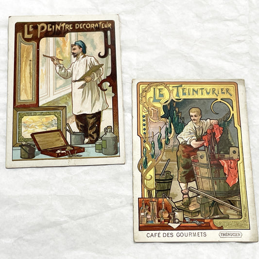 Late 19th - 2 French Advertising Chromolithograph Cards - Vintage Tradesmen Series - Le Peintre Décorateur - Le Teinturier