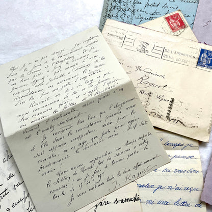 1930s French handwritten letters and envelopes set, featuring vintage stamps and elegant cursive script.