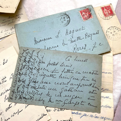 1930s French handwritten letters and envelopes set, featuring vintage stamps and elegant cursive script.