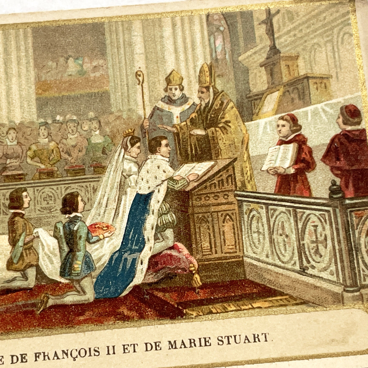 1900s - 2 French History Advertising Chromos - Henri II Fatal Joust - Francis II & Mary Stuart Wedding - Chicory Belle Jardinière Cards