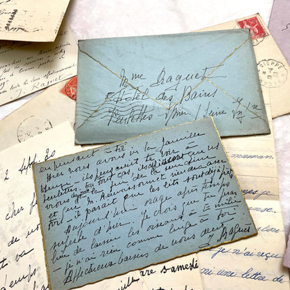 1930s French handwritten letters and envelopes set, featuring vintage stamps and elegant cursive script.