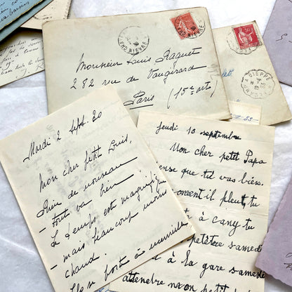 1930s French handwritten letters and envelopes set, featuring vintage stamps and elegant cursive script.